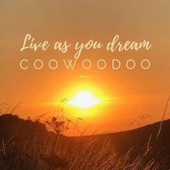 Vivid orange sky with sunset like a ball of fire over grass in shadows and CooWooDoo Live as You Dream logo