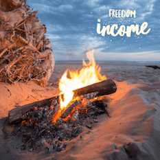 campfire on beach at dusk with text on it saying freedom income