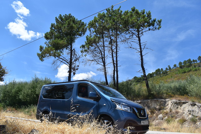 blue campervan parked up in front of tall green trees