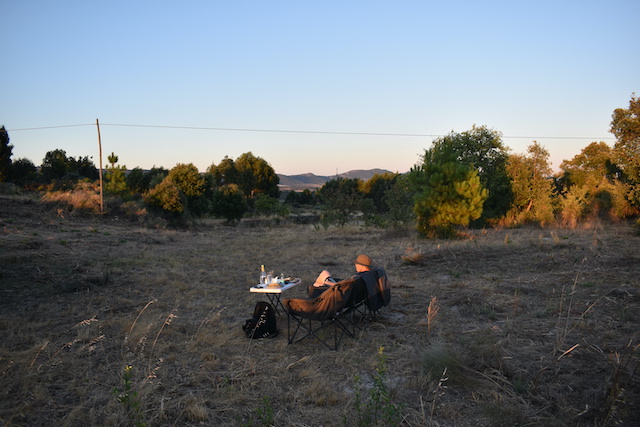 man sitting in field having picnic on table